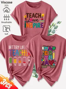 Women's 3-Pack Casual Short Sleeve T-Shirt, Teacher Themed Colorful Slogan Print Set, Multiple Colors, Machine Washable, Spring & Summer Tops, Soft Skin-Friendly Fabric, Daily Wear, Fashion Design, Casual Trendy Tee