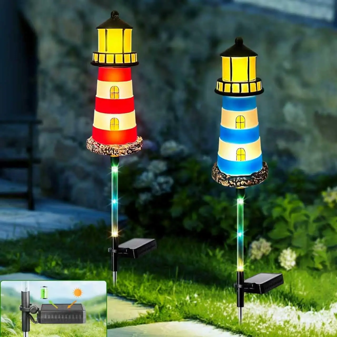 Lighthouse Outdoor Solar Lights, 2 Packs Outdoor , Solar Trail Lights Decor Your Garden Lighthouse, Flower beds, Patio Lights walkways Garden Decor for Outside
