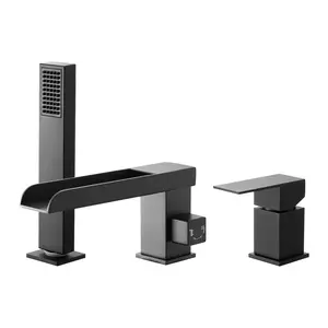 VEVOR Roman Tub Faucet, 3 Hole Waterfall Bathtub Faucet, Widespread Roman Tub Faucets with Shower Head & 1 Handle, Romans Bathtub Faucets for Pet Washing, Adult Bathing, Matte Black, Dual Water Flow