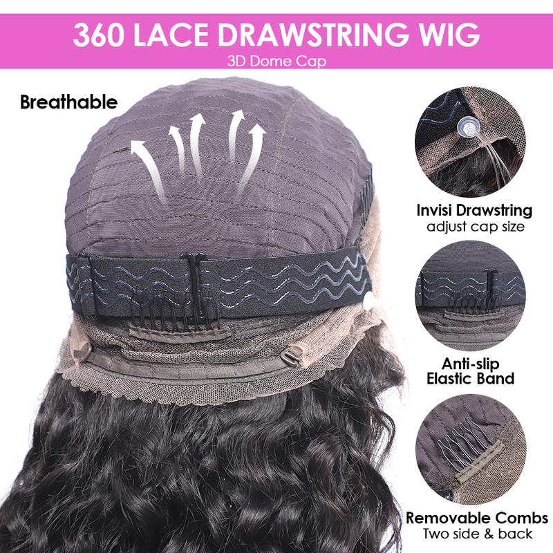 Cynosure 220 Density Water Wave 360 Lace Front Wig Human Hair Pre Plucked Pre Bleached Hidden Strap 360 HD Lace Frontal Wig Affordable Human Hair Wigs For Women
