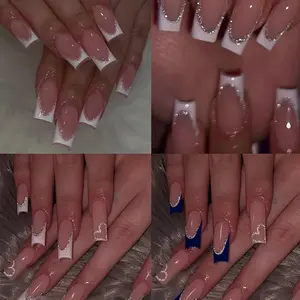 96 Piece Long Nude French Manicure French Tips Nail Stickers, Colorful Rhinestone Design, Complete Set Tools (gel & File), Removable No Bake, Beginner Friendly