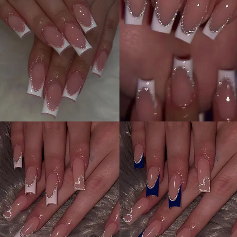 96 Piece Long Nude French Manicure French Tips Nail Stickers, Colorful Rhinestone Design, Complete Set Tools (gel & File), Removable No Bake, Beginner Friendly, Nail Kit, Nail Art Supplies