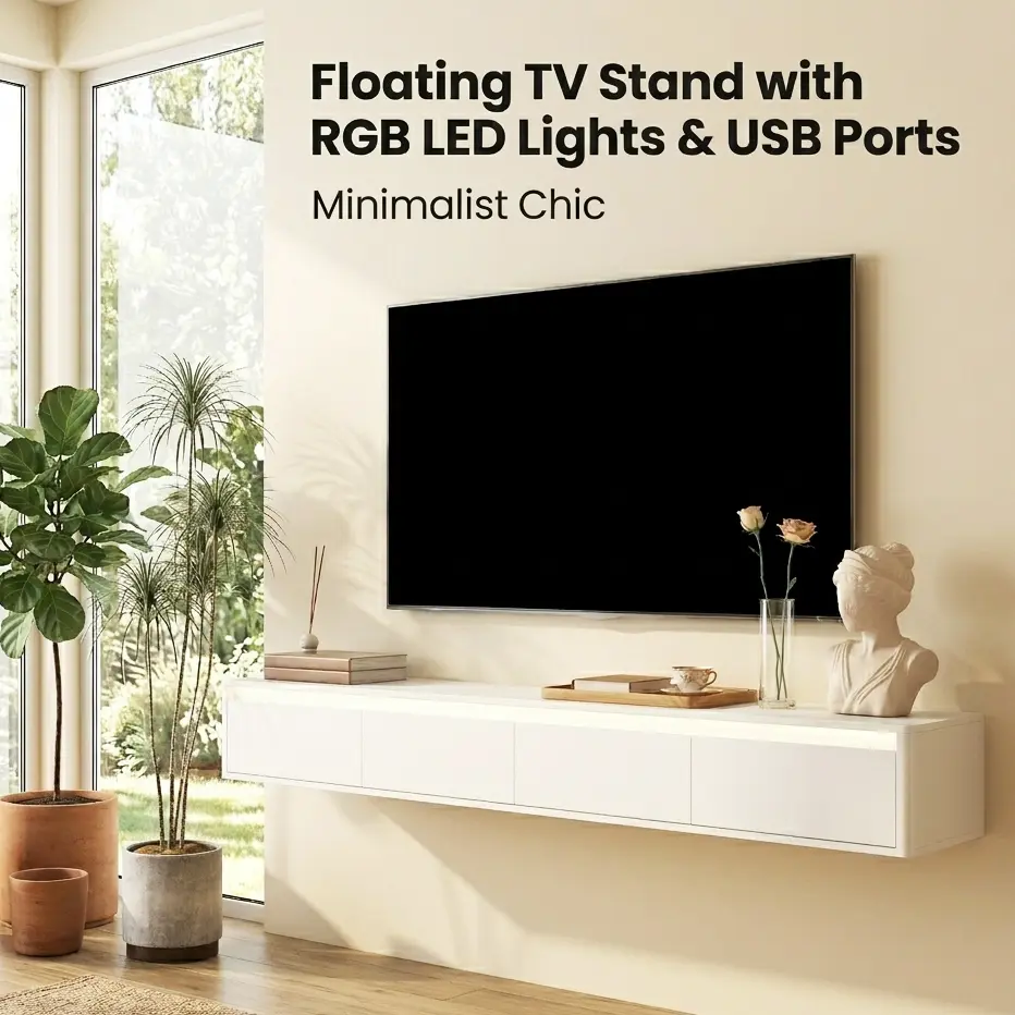 Floating TV Stand with RGB LED Lights & USB Ports, Wall Mounted Shelf for Gaming Consoles, Space Saver for Small Apartment Living Room, High Gloss White