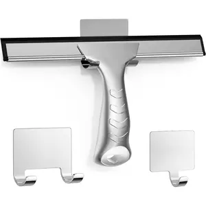 All-Purpose Stainless Steel Shower Squeegee for Glass Doors with 2 Adhesive Hooks, Squeegee for Bathroom Cleaner Tool Household Window Mirror Squeegee, Cleaning Tile Wall, Car, 10 Inch Silver