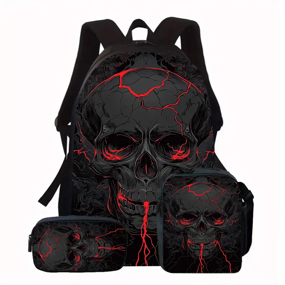Teens' 3PCS Red Lightning Skull Print Gothic Look Backpack Set Pack - Back to School Haul,Campus Life,Oxford Fabric,Water Resistant Durable School Bag+Lunch Box+Pencil Case,Lightweight,15-in Laptop Fit,Breathable Straps,Mesh Back Panel,Multiple Pockets