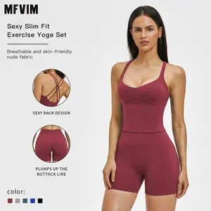 MFVIM Women's 2-Piece Athleisure Wear Set - Thin-Strap Cross-Back Tank Tops, High-Waisted Slim-Fit Solid-Color Sports Wear for Workout Gym Clothing, Yoga Gym Outfits