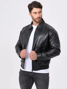 Men's Crocodile Pattern Faux Leather Jacket, Stand Collar Zipper Workwear Style Coat, Vintage Casual Cool Motorcycle Vest