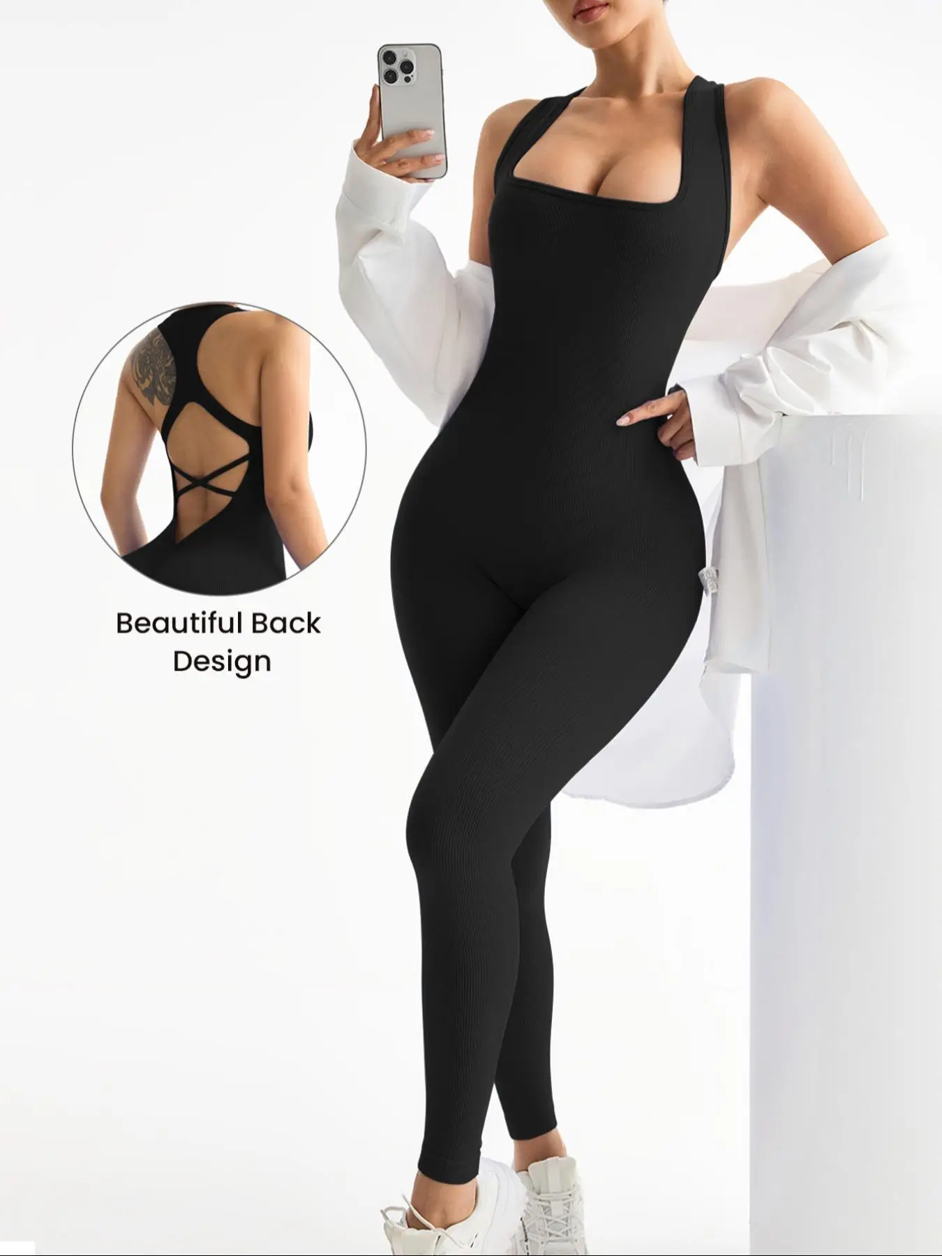 Women's Solid Criss Cross Backless Sports Jumpsuit, High Stretch Seamless Jumpsuit for Yoga Gym Workout, Ladies Sportswear for All Seasons
