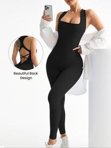 women's solid criss cross backless sports jumpsuit, high stretch seamless jumpsuit for yoga gym workout, ladies sportswear for all seasons, clothes for women