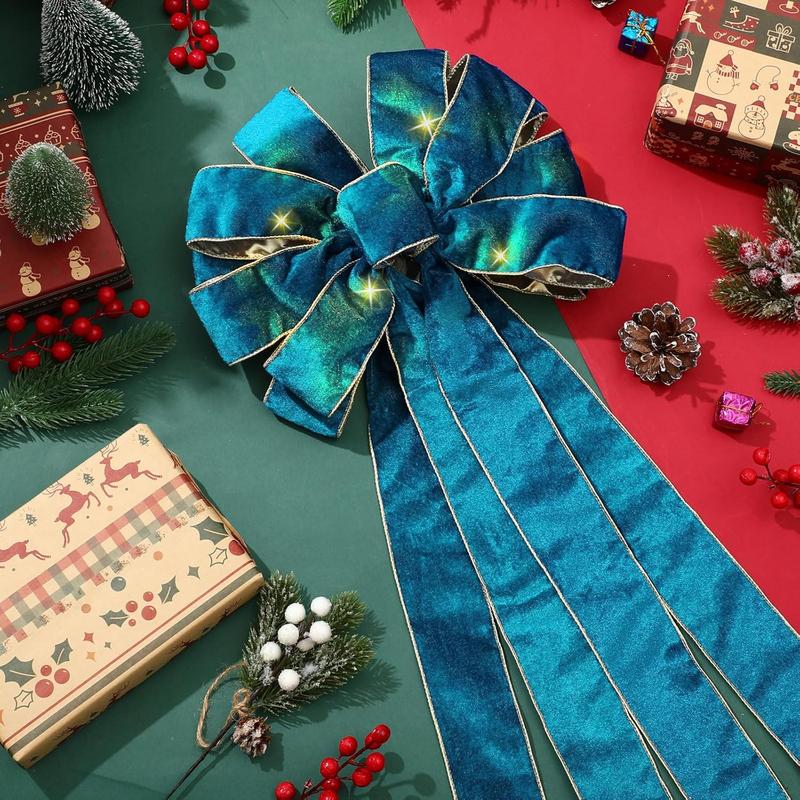 Velvet Large Christmas Tree Topper Bow 12.6 x 118 Inch Lighted up Double Side Velvet Christmas Bow with 4 x 3 Yards Ribbon Streamers for Holiday Xmas Tree Party Decoration(Turquoise)