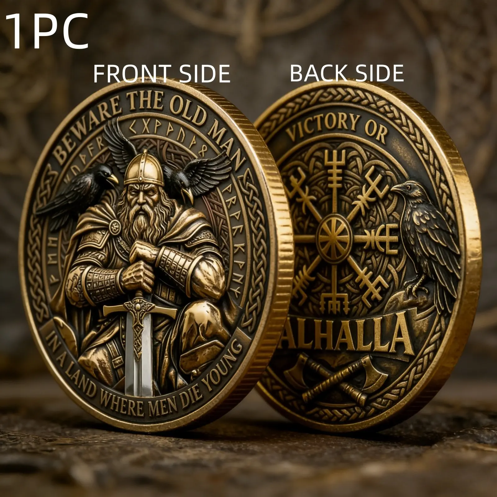 1PC Viking Glory Theme Commemorative Coin Alloy 3D Relief Collectible Medal Nordic Totem Element Metal Memorial Decor Suitable For Brotherhood Gathering Travel Event Anniversary Thanksgiving Father's Day Gift Living Room Bookshelf Display Decorative Colle