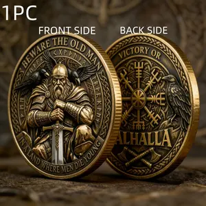 1PC Viking Glory Theme Commemorative Coin Alloy 3D Relief Collectible Medal Nordic Totem Element Metal Memorial Decor Suitable For Brotherhood Gathering Travel Event Anniversary Thanksgiving Father's Day Gift Living Room Bookshelf Display Decorative Colle