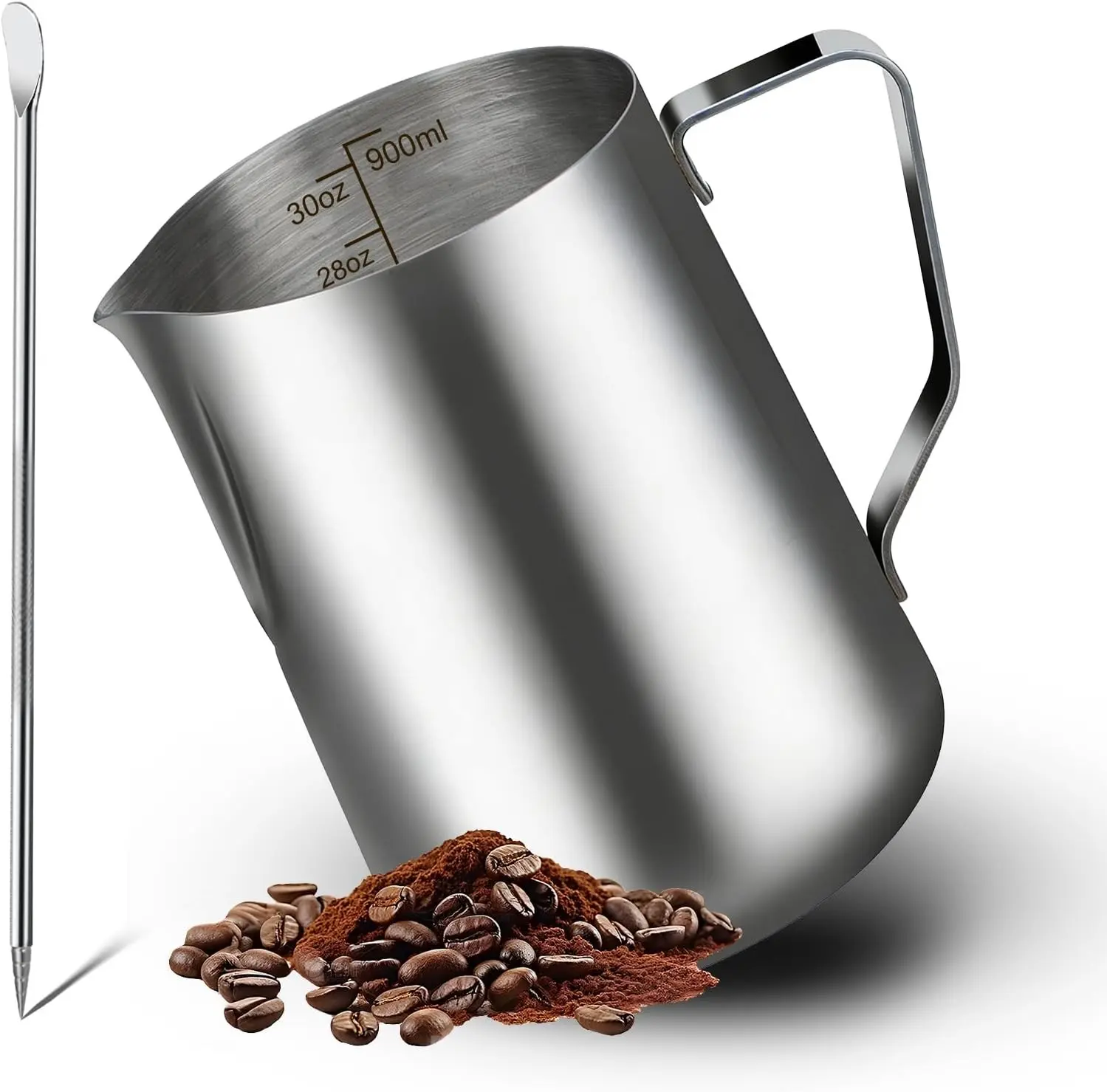 30oz/900ml Stainless Steel Milk Frothing Pitcher with Clear Scale Latte Art Pen Barista Steam Milk Jug for Cappuccino Espresso Machine Accessories