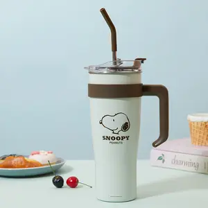 MINISO Snoopy Peanuts 54oz Vacuum Insulated Tumbler with Handle | Summer Sale Back to School Gift | Large 1600mL Stainless Steel Travel Coffee Mug with Straw | Leak-Proof Brown