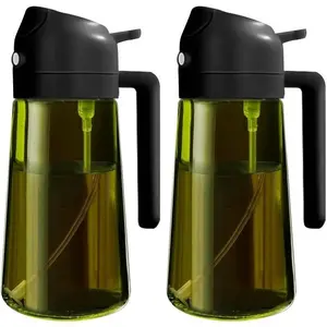2 Count 2-In-1 Oil Sprayer for Cooking, 16oz/470ML Light-Blocking Dark Olive Kitchen Oil Dispenser, Premium Dark Glass Oil Bottle, Cooking Oil Container