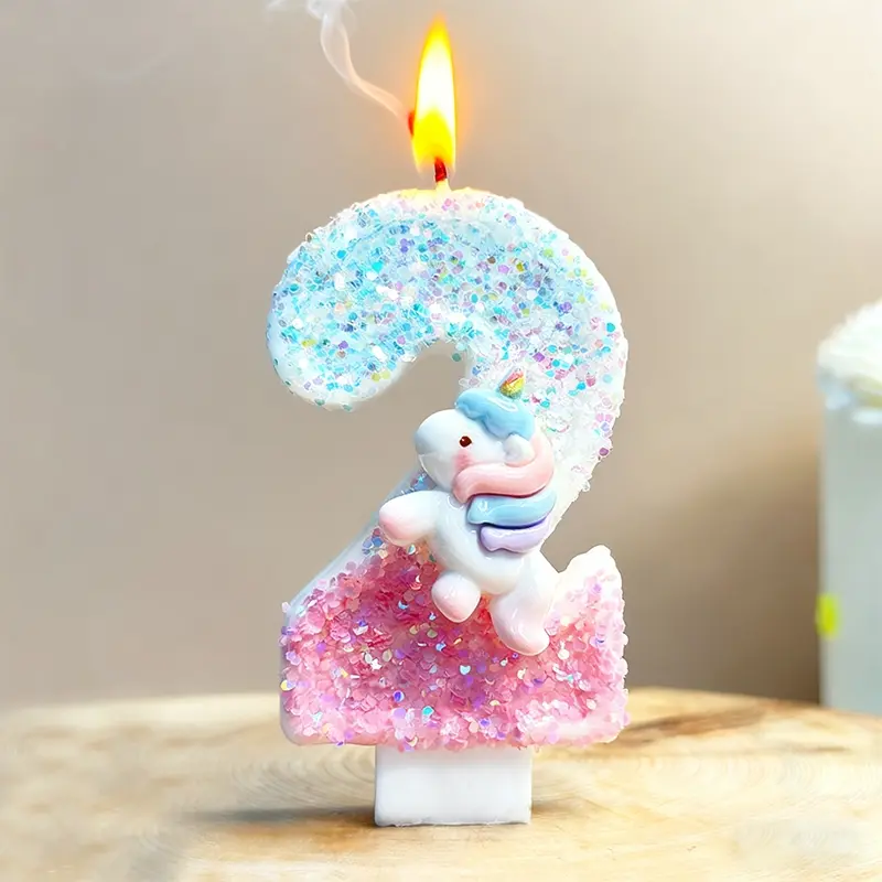 1pcs Colorful Magical unicorn candles, blue and pink glitter number candles 0-9, suitable for birthday party cake decorations, Cake embellishment, perfect for unicorn-themed cake decoration candles, with slight variations in glitter placement