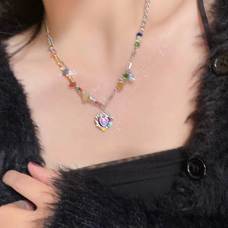 Y2K Colorful Heart Pendant Necklace – Kawaii Egirl Rainbow Beaded Jewelry