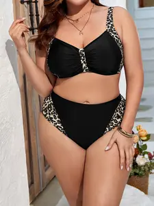 【Plus Size】 Patchwork Leopard Print Bikini Set, Adjustable Strap Ruched Swim Top & High Waist Swim Bottom, Women's Two-piece Swimsuit for Summer Beach Holiday Vacation