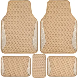 Universal Shiny Beige Leather Car Floor Mats for Cars, SUVs, Sedans, and Trucks with Shiny Diamond Crystal Rhinestones, Anti-Slip Waterproof Carpet Set of 5 for Girls and Women, Beige