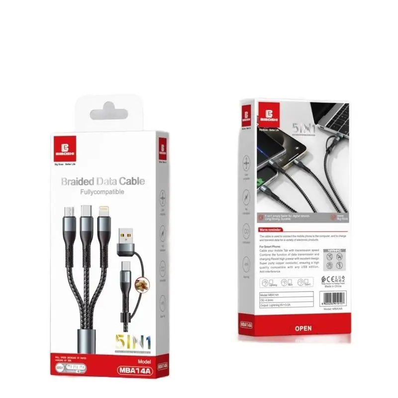 Biboshi 5 IN 1 Braided Data Cable, Data Sync, lightning, Fully Compatible Fast Charging Cable for All Devices, USB to Type C, Type C to Type C, USB to Lighting, Type C to Lighting, Type C to Micro,