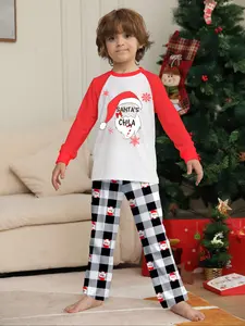 Limited Edition Christmas Pajama Set for Kids & Family, Cute Letter Print Top & Plaid Pants, Fall Winter Sleepwear, Fitted Long Sleeve
