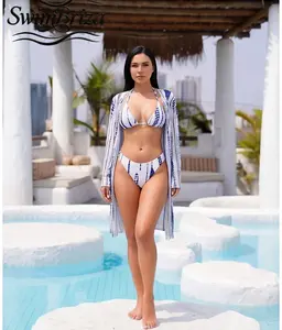 Briza｜Women's High Waisted Bikini Sets Triangle Halter Two Piece Swimsuits Blue White Tie-Dye Stripe Bathing Suits with Cover Up Summer Beachwear Pool Vacation Swimwear Resort Cruise Tankini Style, Women's Swimwear, Bathing Suit for Women