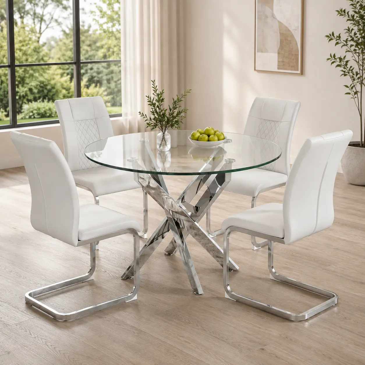 Minimalist 5-Piece Dining Table Set of 4 People, Modern Round Tempered Glass Table with 4 Scratch-Resistant PU Leather High-Back Metal Leg Chairs, Space-Saving Indoor Furniture for Apartment, Kitchen (Shipped in 2 Packages), For4people