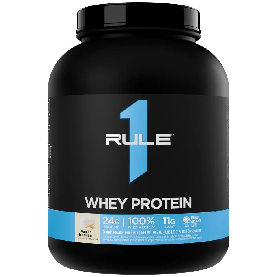 Rule 1 Whey Protein Powder Supplement, Vanilla Ice Cream Flavor, 24g Protein, 5 lb (2.24 kg), High Protein Meals, Banned Test