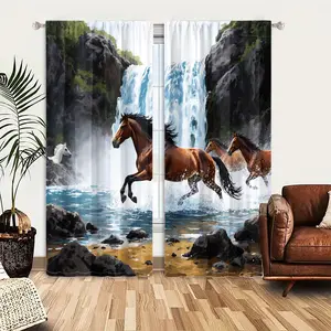 2pcs Window Curtains, Brown horses gallop through water by a waterfall, a white horse on the left, set in a rocky green landscape, Window Drapes for Home, Rod Pocket Window Treatment, Room Decor Curtain, Home Decoration Curtain