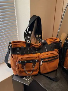 Dark Corduroy Tote Bag with Metal Chain, Large Capacity Multi-Pocket Shoulder Crossbody Bag, Trendy Travel Gym Bag, Corduroy Hobo Bag