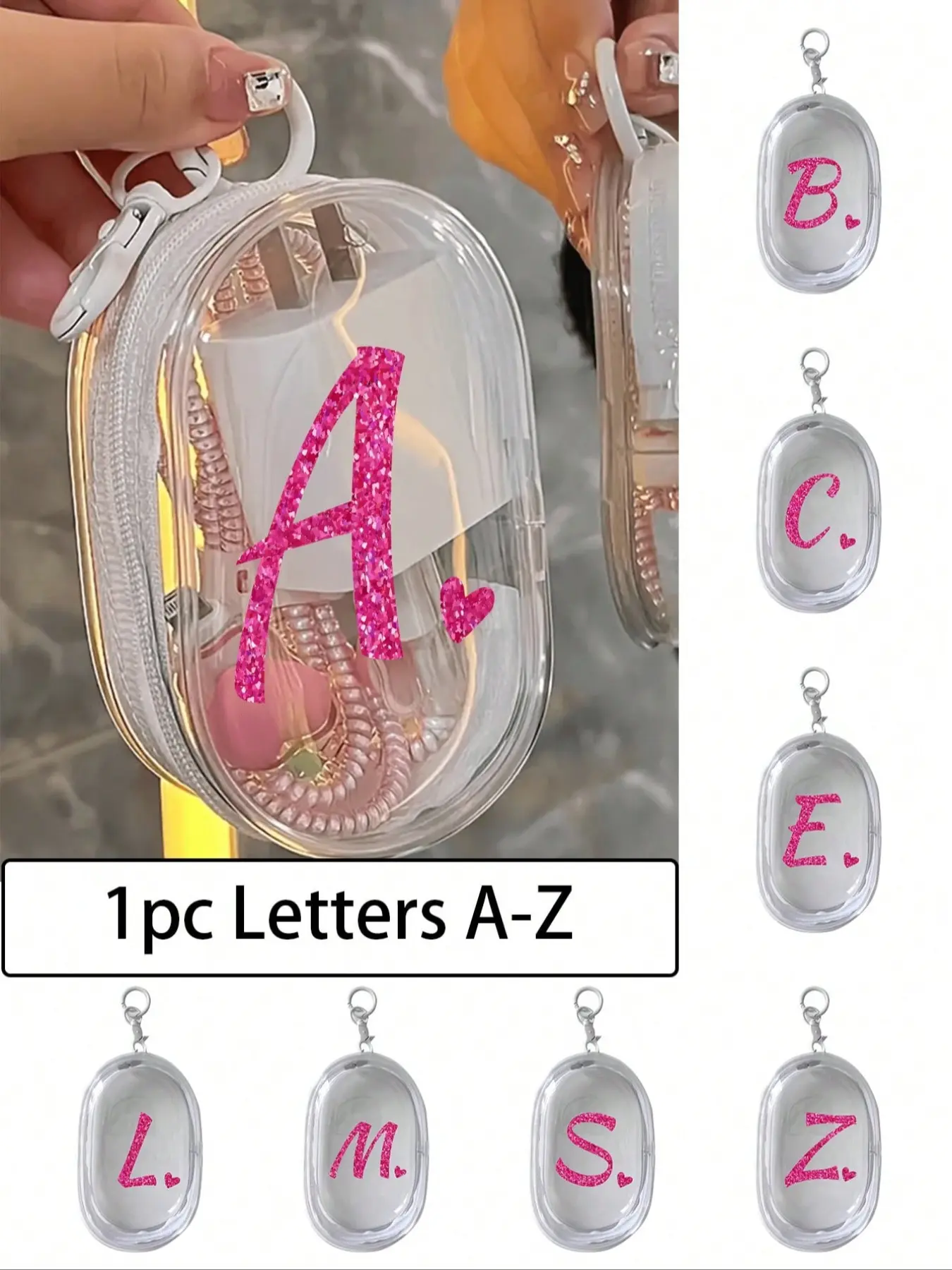 Portable mini transparent zipper storage bag, Headphone storage pouch, earphone and charger storage case with keychain, transparent travel accessory, suitable for storing small items, rose red heart-shaped letters A to Z pattern, Headphone Accessories
