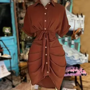 Women's Solid Color Turn Down Collar Short Sleeve Tie Waist Ruched Bodycon Shirt Dress