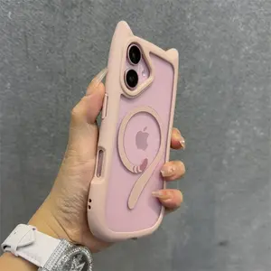 3D Cute Cat Ear Magsafe Case for iPhone 13 14 15 16 Pro Max 11 12 15 16 Plus Transparent PC Armor Cover with Wrist Strap Chain Screen Protector Protection Protective Cellphone Casing Smartphone Shockproof Grey