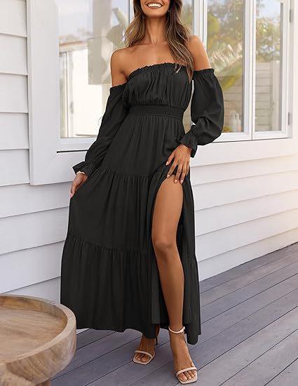Women's 2026 Boho Sexy Off Shoulder Long Sleeve Smocked High Waist Side Split Flowy A Line Tiered Long Maxi Dress Solid Color Mother's Day gift