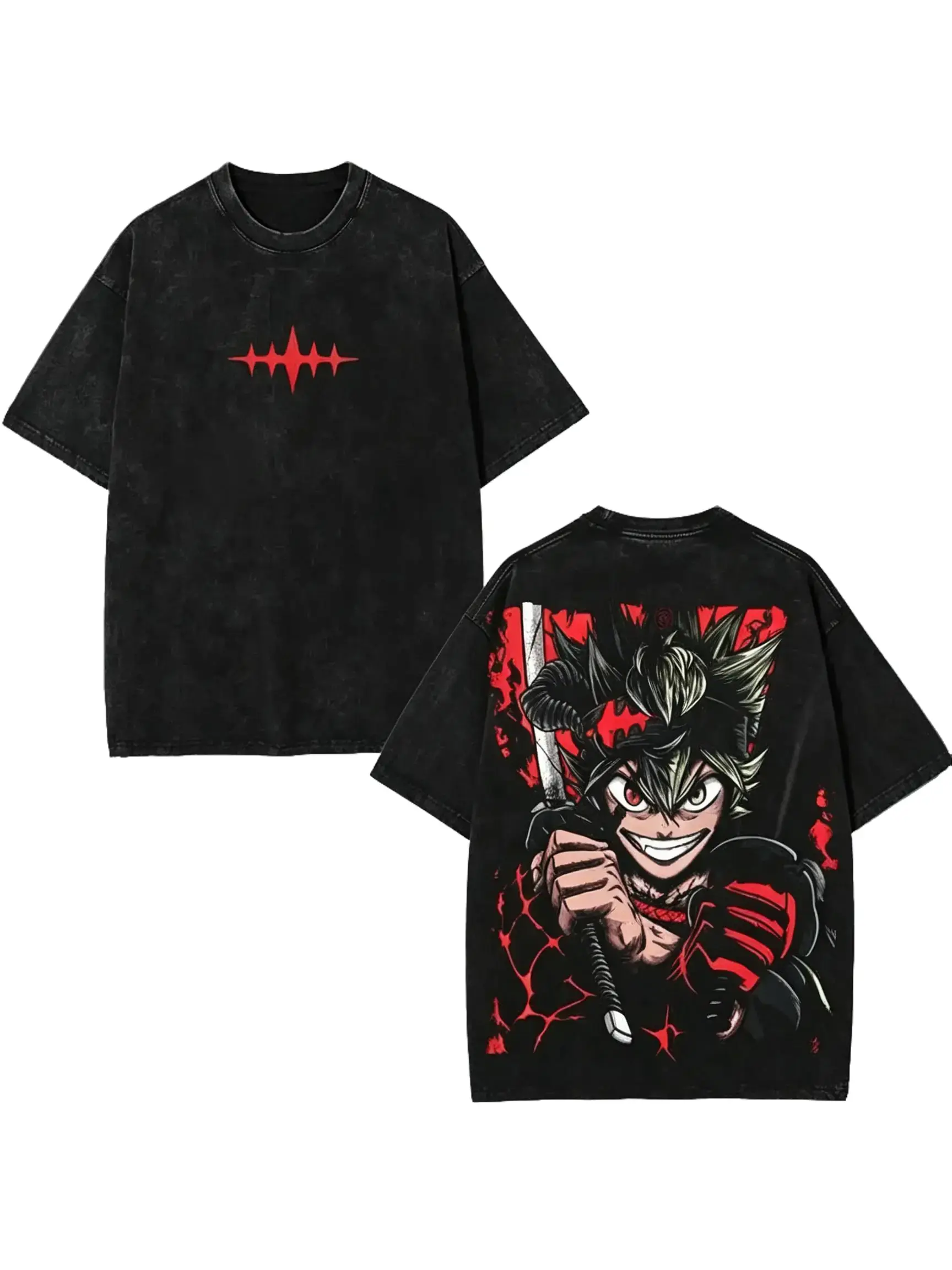 Menswear Tops, Black Clover Asta Anti-Devil Weapon Human-Devil Form Black Bulls v16 Anime Double-Printed Vintage Washed Unisex Short-Sleeve Graphic T-Shirt for Streetwear Manga Fantasy Merch