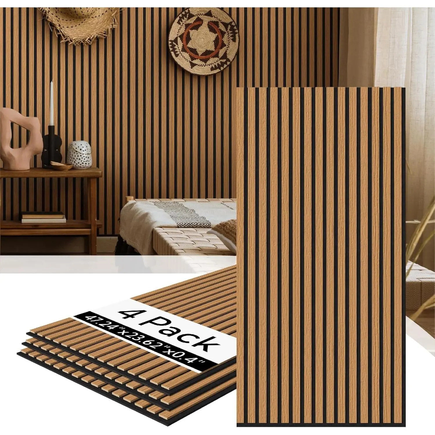 Olanglab Wood Slat Wall Panels 4 Pack, Acoustic Wall Panels, 47.24'' x 23.62" Each 3D Wall Panels for Interior Wall Decor (Cherry)