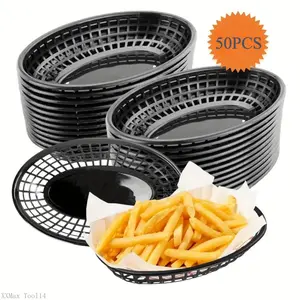 50Pcs Black Fast Food Basket Set - Versatile Oval Plastic Baskets for Kitchen, Picnic, and Restaurant Use - Perfect for Fruit, Burgers, Sandwiches, and FriesXXMax Tool14