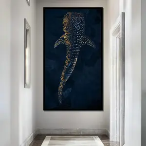 Whale Shark Canvas Painting, Deep Sea Ocean Art, Gold Accents Marine Life Decor (Unframed)