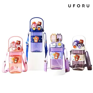 UFORU Cartoon pattern children's drinking cup 1 large capacity water bottle two drinking methods home office school drinking cup with straw lanyard children's gift Cute Tumbler Wide Mouth Set Reusable Drinkware Portable#SummerWins#DFYD