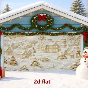 1pc 2d flat Winter Wonderland Garage Door Cover, Beige Vintage Village Scene Large Garage Door Decorations, Holiday Indoor and Outdoor Christmas Party Decor