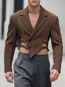 INCERUN Men's Fashion Casual Striped Hollow Out Design Metal Buckle Long Sleeve Suit Jacket, Perfect for Daily Wear, Stylish and Comfortable, Menswear