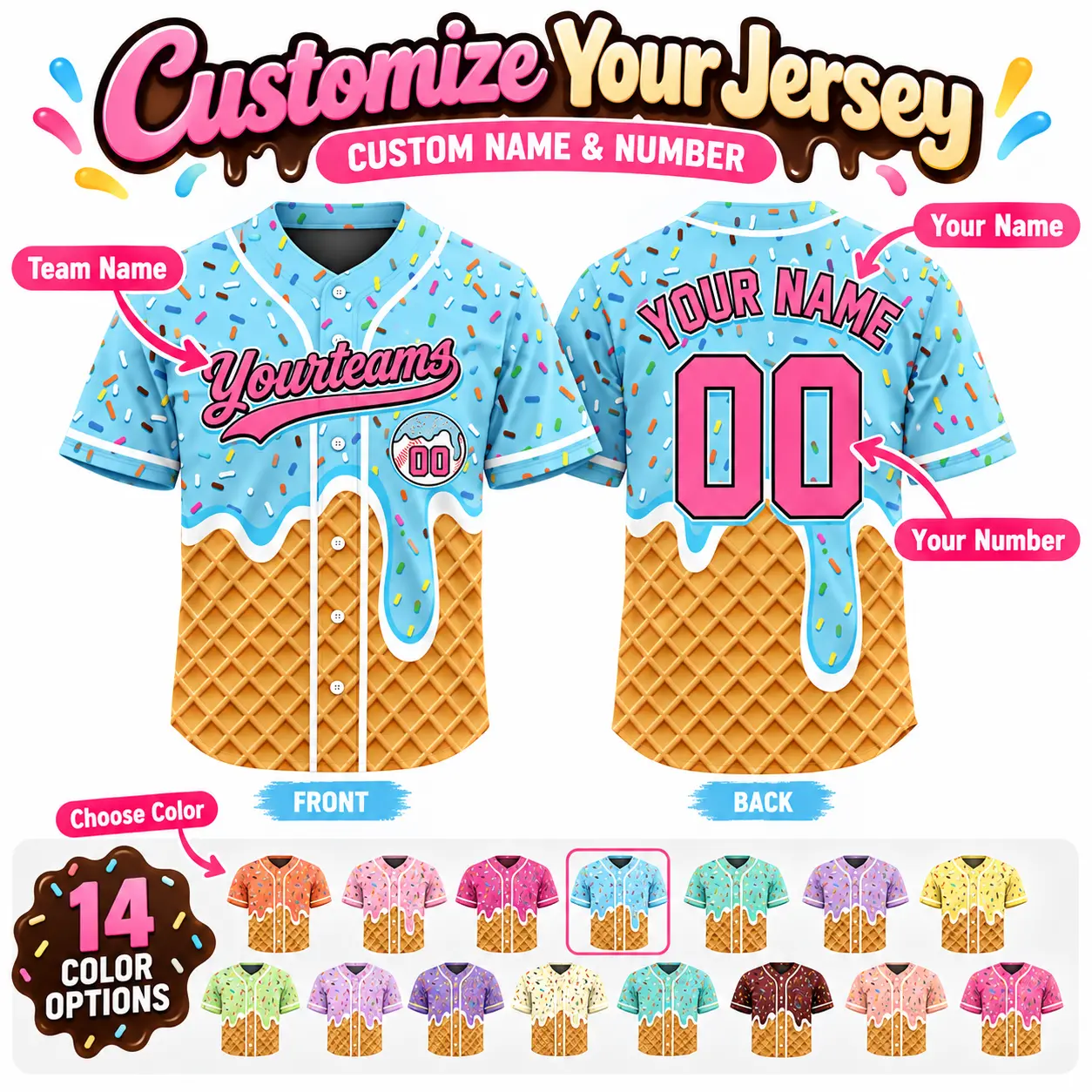 Personalized Ice Cream Drip Baseball Jersey - Men's & Women's Custom Sprinkle Drip Matching Shirt, Summer Professional Sports Outfit