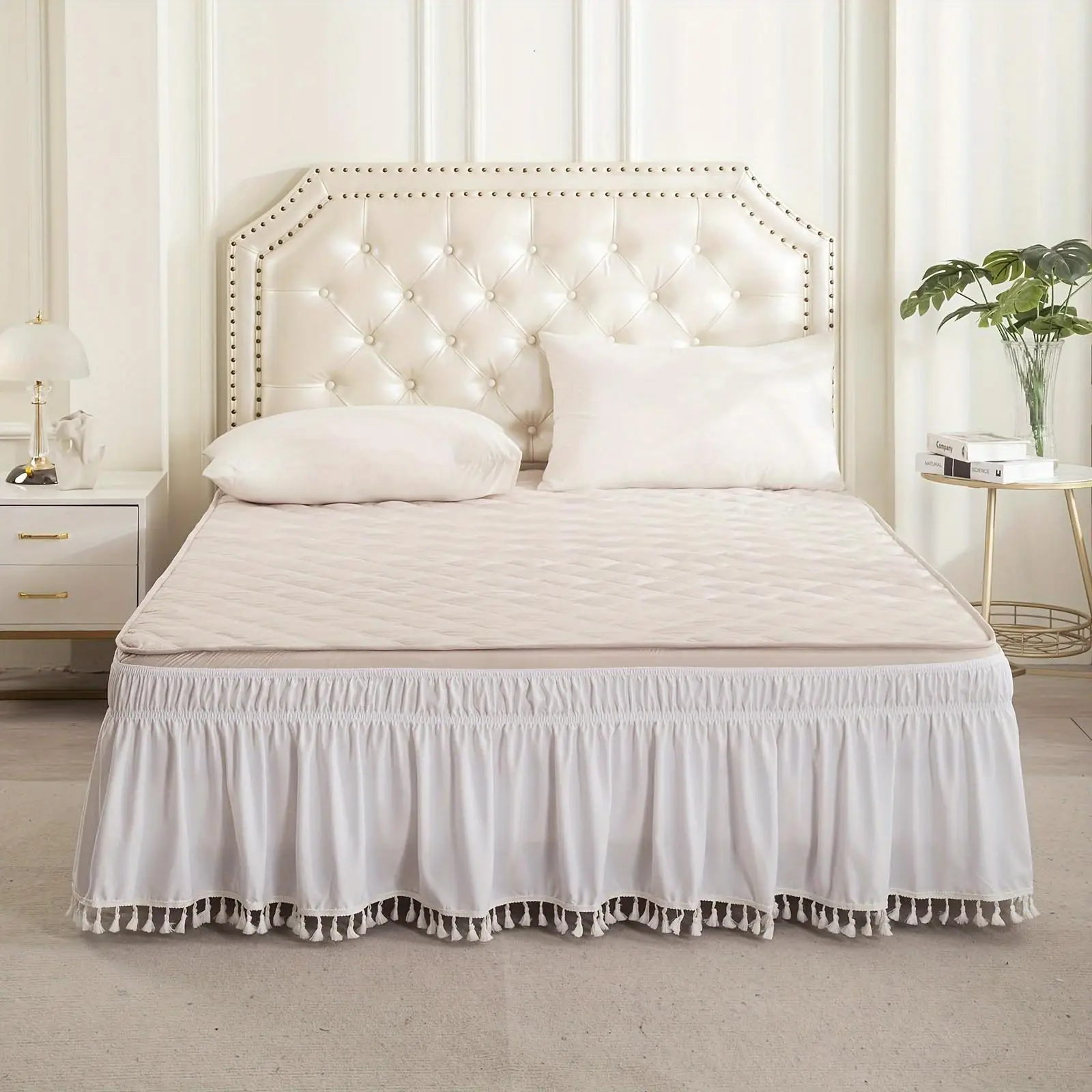 Solid Color Elastic Bed Skirt, Cool Bedroom Modern Tassel Decor Bed Skirt, Soft Bedspread Supplies for Bedroom, Guest Room, Hotel Bedding, Bedroom Acc