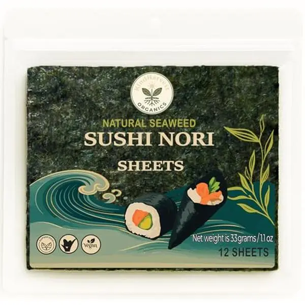 Kindharvest Organics Sushi Nori Sheets – Roasted Seaweed Sheets, 12 Sheets (33g), Premium Grade, Crispy Texture, Rich Umami, Keto, Vegan, Gluten-Free, Perfect for Sushi & Snacks