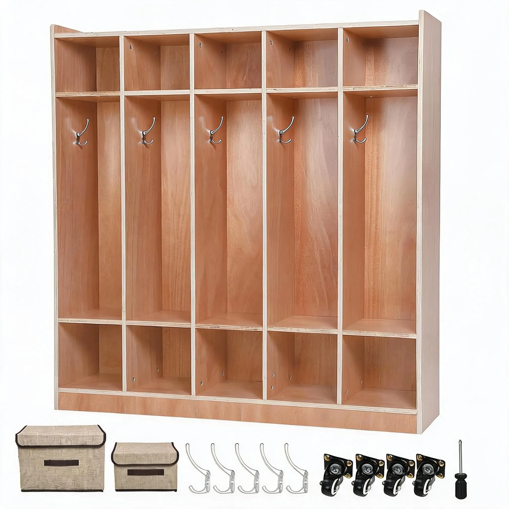 Garvee Coat Locker with Bench for Classroom and Home Use, Featuring Smooth Wood Surface, 10 Cubbies, 4 Hidden Casters, 5 Hooks, 2 Storage Boxes, and Organized Storage for Daycare and Kindergarten