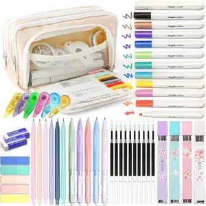 42 PCS Aesthetic School Supplies with Large Pencil Case, 12 Marker Pens with box, 5 Black Ink Gel Pens, 6 Mechanical Pencils Set, Sticky Notes, Complete Essentials Stationery Kit for Students