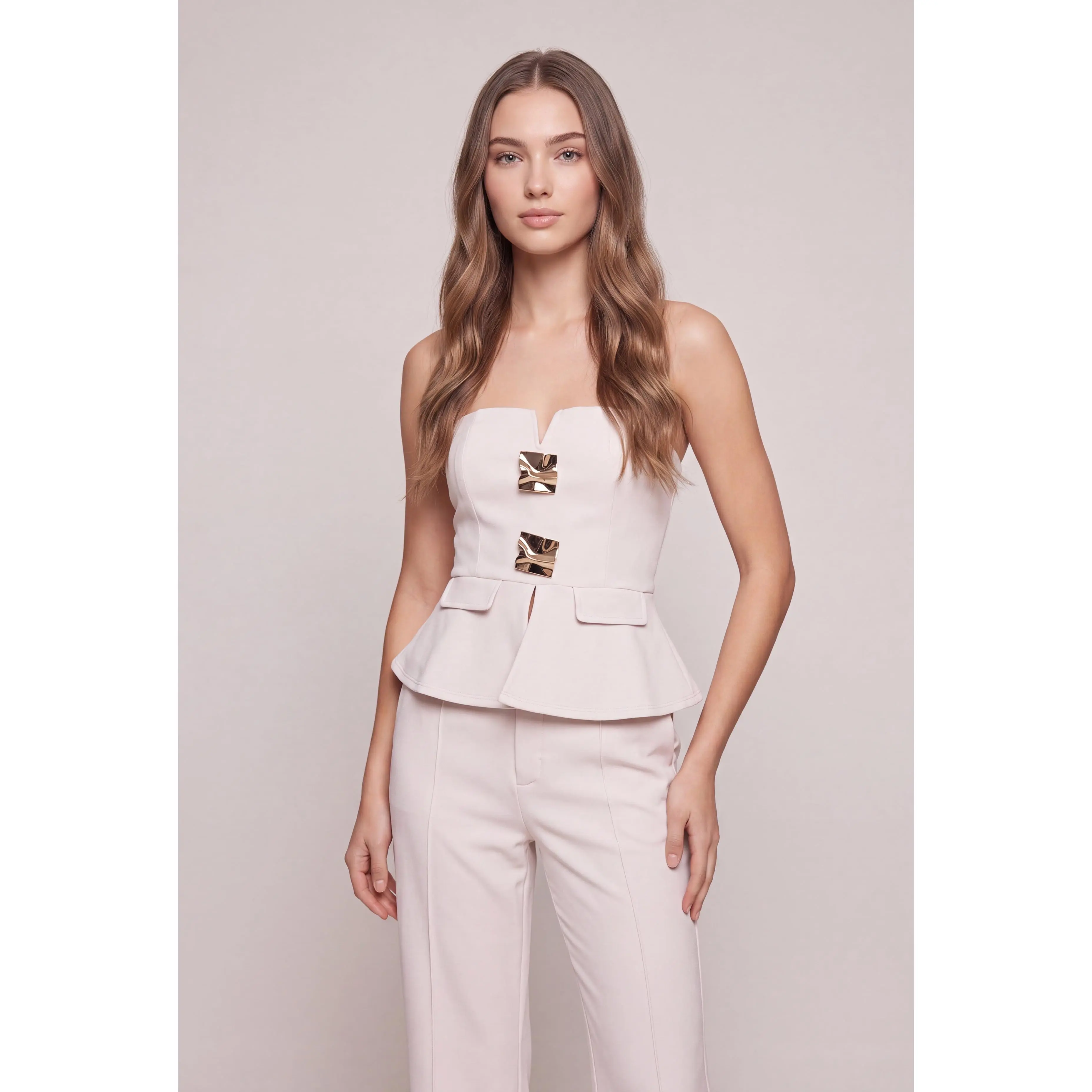 Metallic Detail Strapless Peplum Top