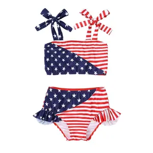 Toddler Girls Two Pieces Swimsuit Color Block Stripe Swimwear Summer Beach Bathing Suit 18M-5T 4th of July swimsuit