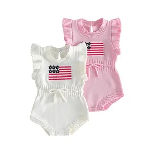 Infant Baby Girl Knit Romper American Flag Embroidery Ruffled Sleeveless Jumpsuit Newborn Patriotic Summer Outfit 0-18 Months