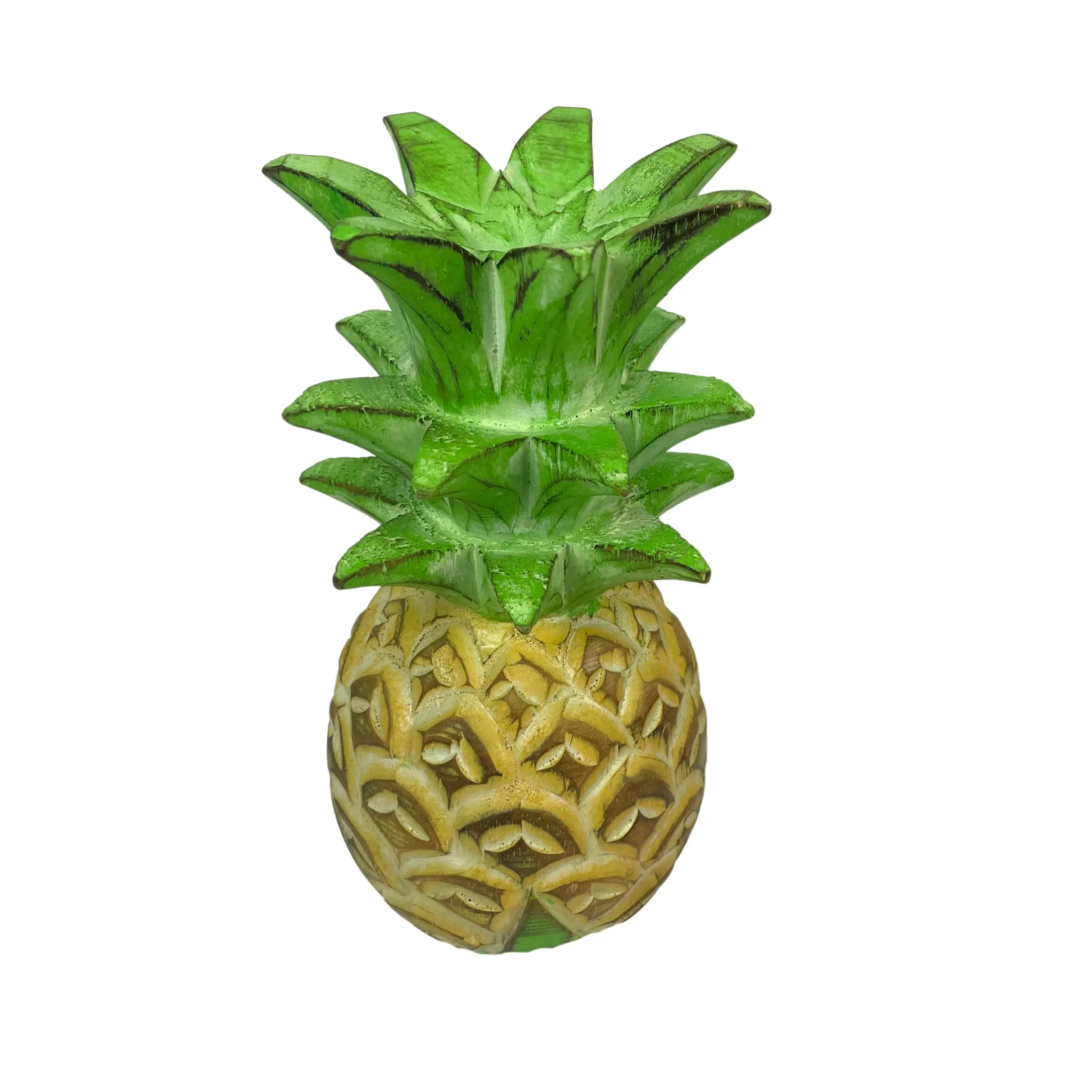 9.75in Hand-Painted Pineapple Sculpture - Rustic Tropical Wood Decor for Tables